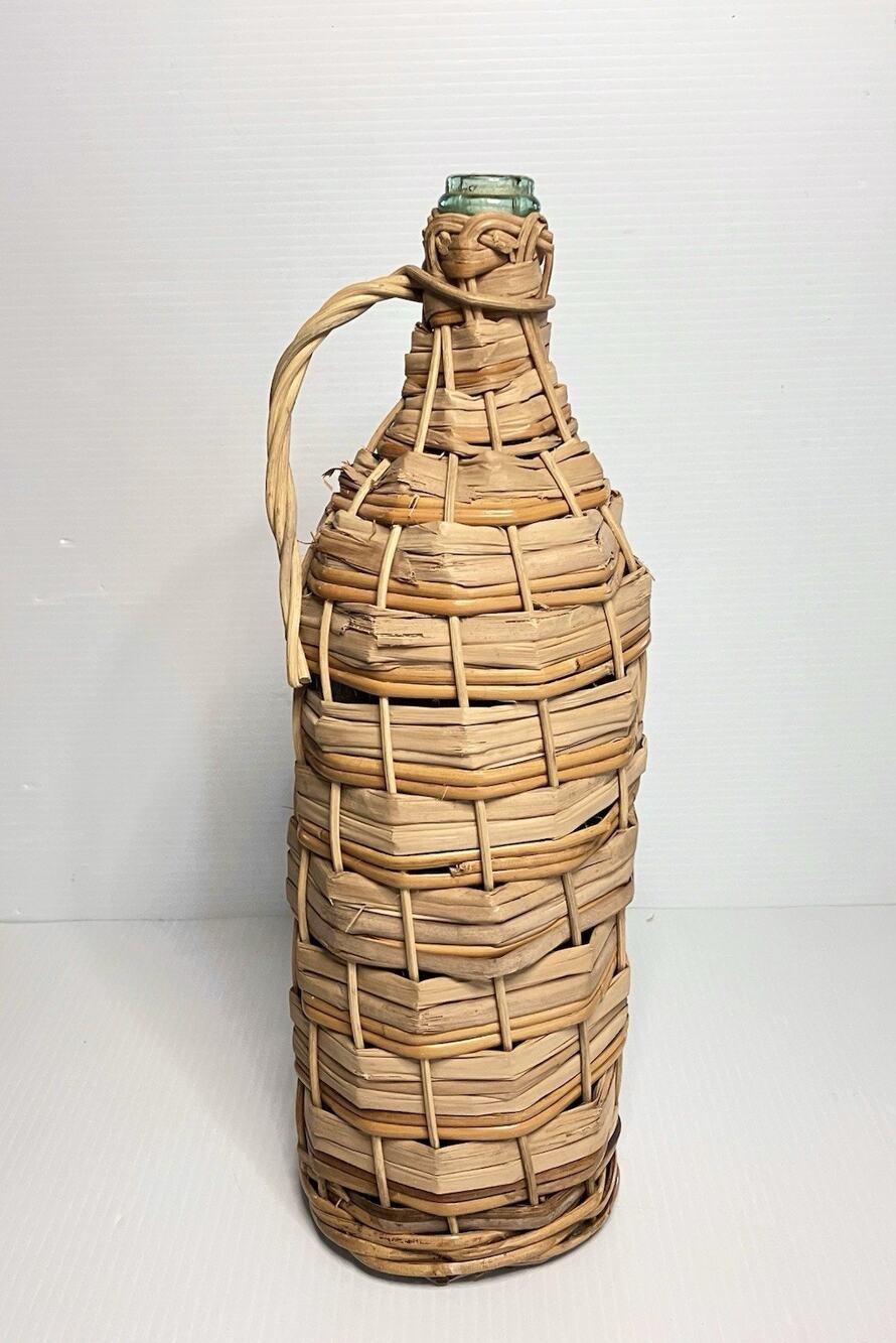 Vintage Wicker Wrapped Aqua Glass Bottle 17” Straw Retsina Demijohn -Spain Italy